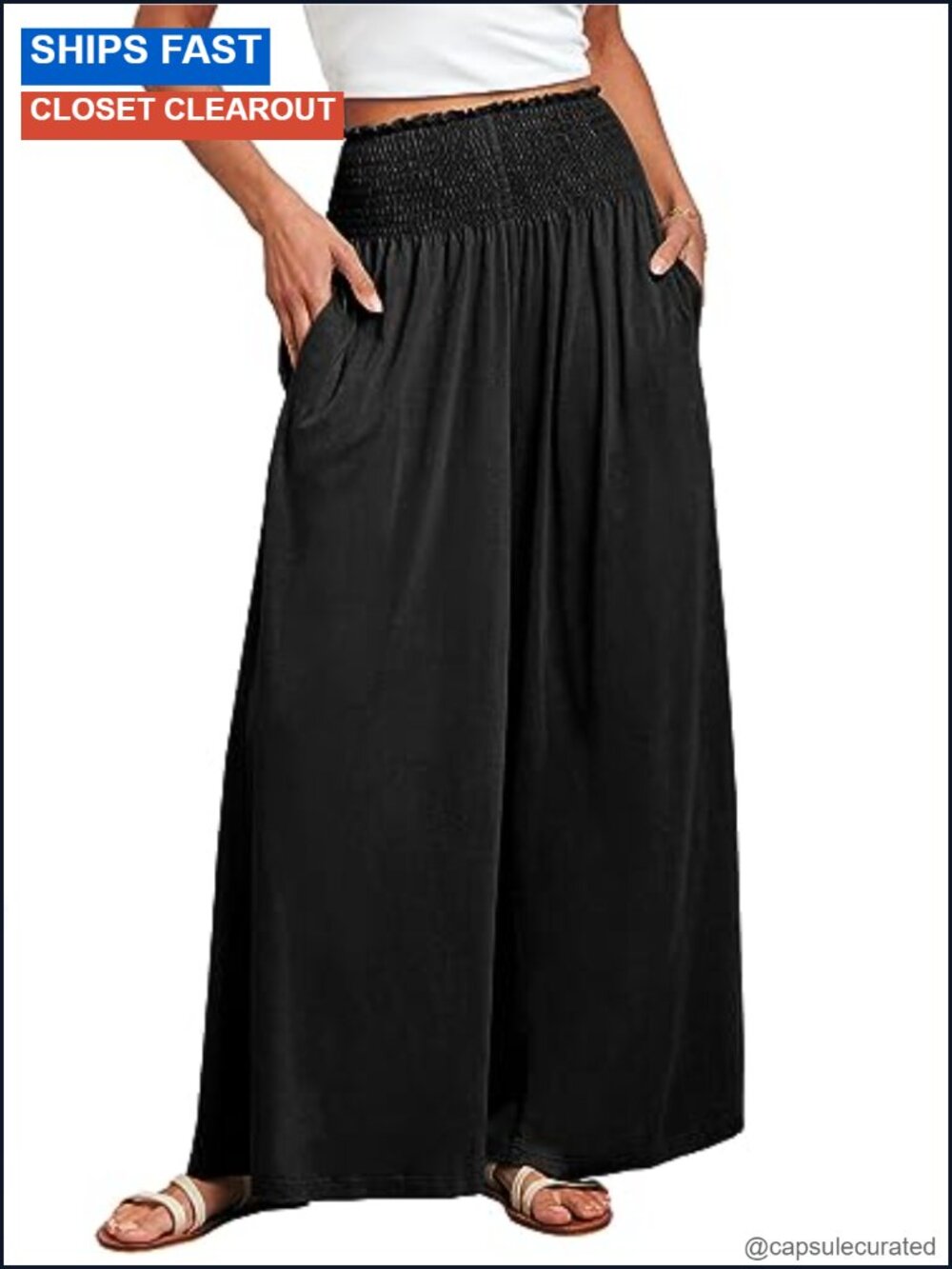 Women's Wide Leg Palazzo Pants High Waist Smocked Pockets Summer Casual